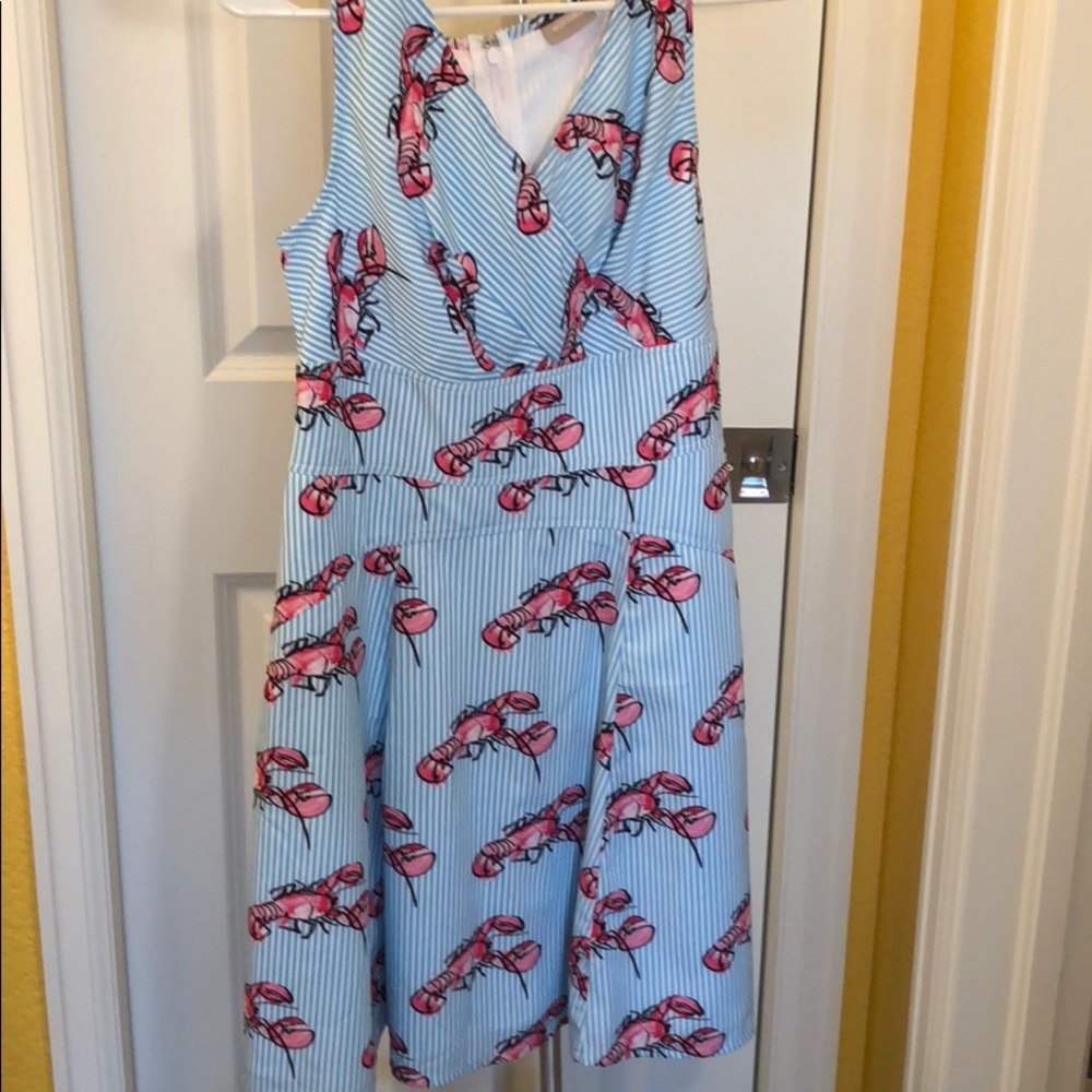 eshakti Blue Stripe Dress with Pink Lobster Print